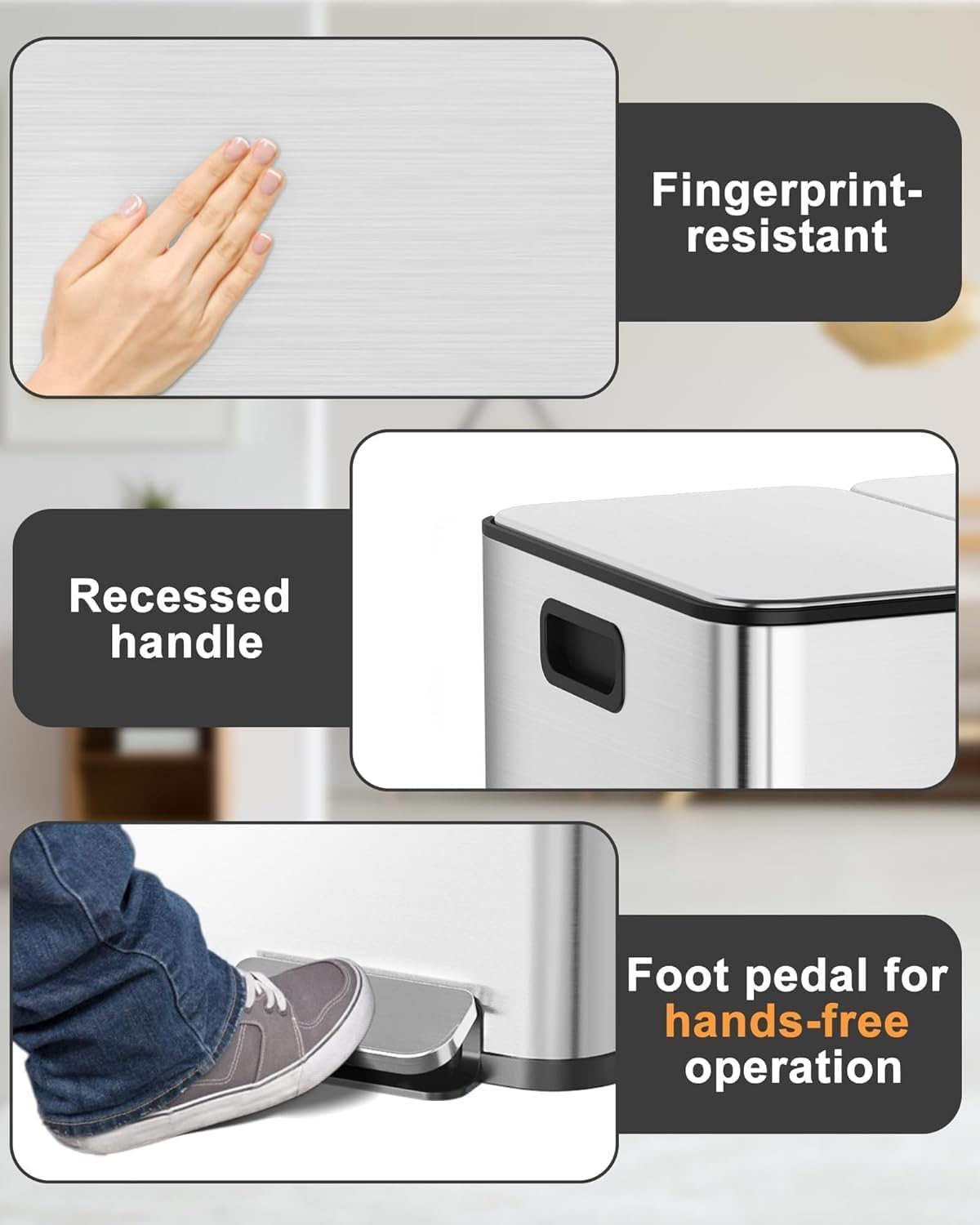 90L/3 x 7.9 Gal Trash Can,Three-Compartment Pedal Stainless Steel Kitchen Recycling Trash Can with Odor Seal, Hands-Free Foot Operated Waste Bin for Home, Office, Restaurant, School, Hospital