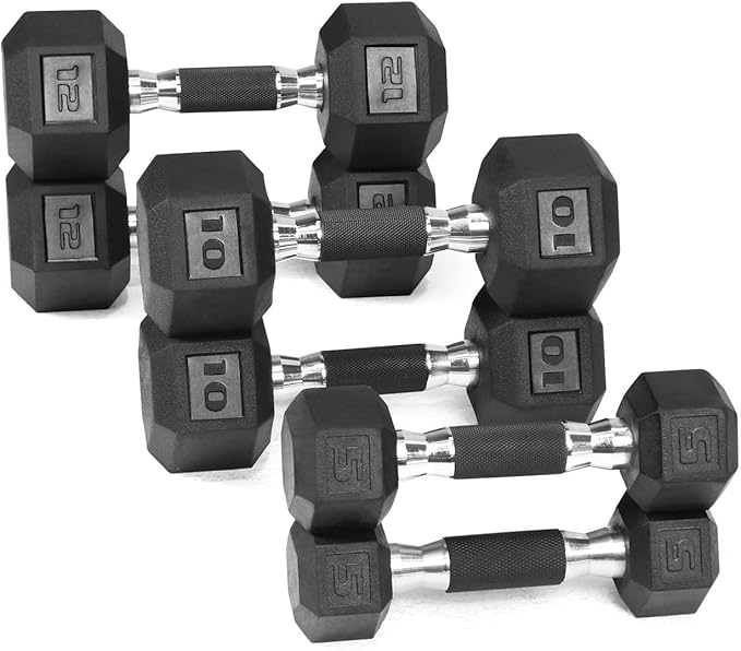 WF Athletic Supply Rubber Encased Hex Dumbbells with Rubber Grip Contoured Handle for Muscle Toning, Strength Building & Full Body Workout