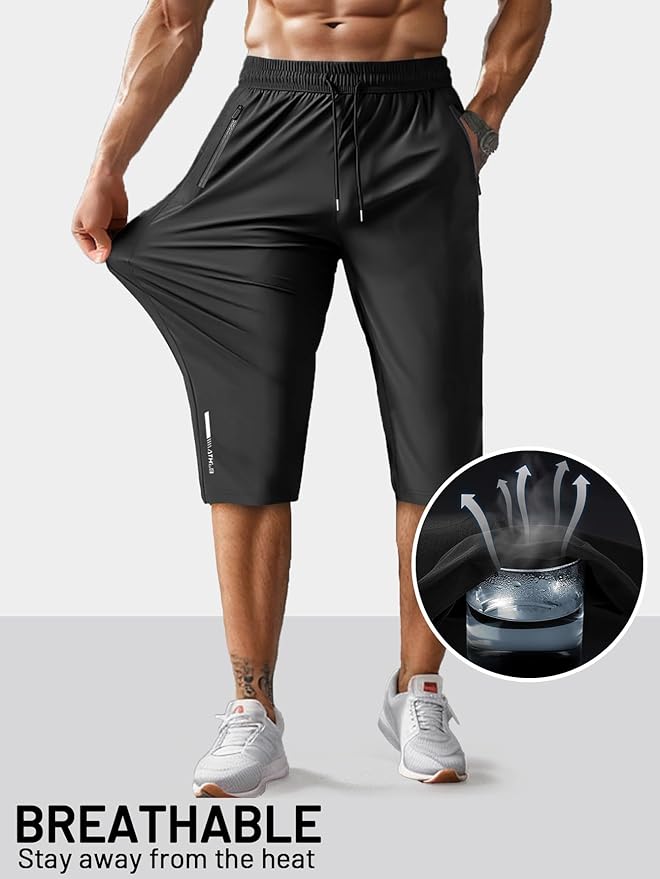 Men's Capri Pants 3/4 Joggers Gym/Workout/Hiking Below Knee Long Shorts Lightweight Quick Dry with Zipper Pockets