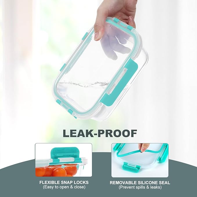 10 Pack Glass Food Storage Containers, Meal Prep Containers with Lids, Airtight Glass Lunch Boxes, Freezer, Oven, and Microwave Safe, Green