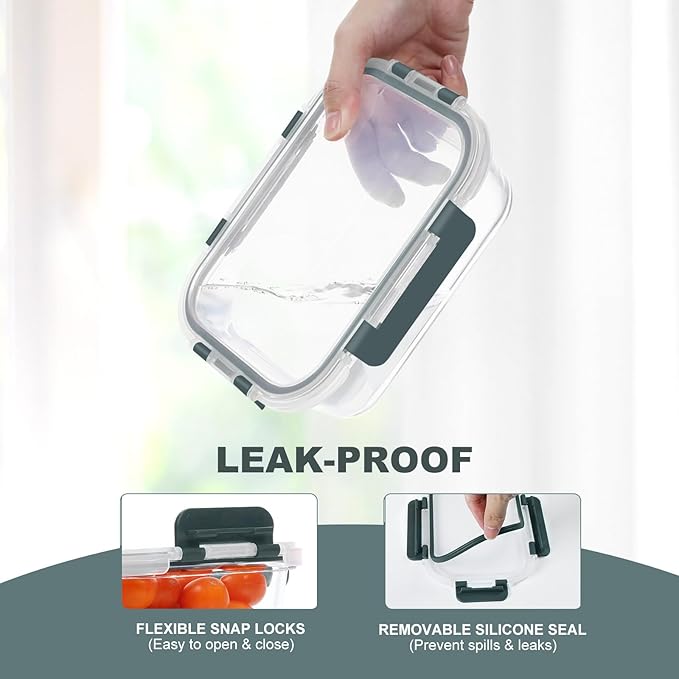 10 Pack Glass Food Storage Containers, Meal Prep Containers with Lids, Airtight Glass Lunch Boxes, Freezer, Oven, and Microwave Safe