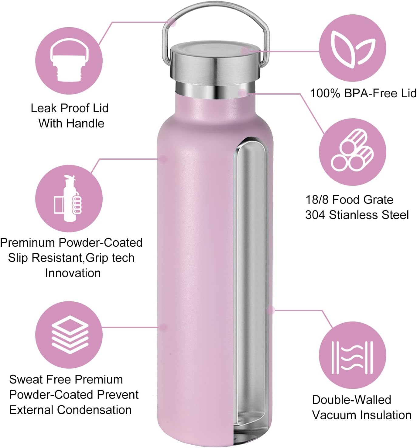 Neihepal Pink Stainless Steel Water Bottles,20 Ounce Vacuum Insulated Double Wall Travel Bottle with Leak Proof Lid of Handle,Metal Reusable Standard Mouth Flask Thermoses for School,Hikers,Gift