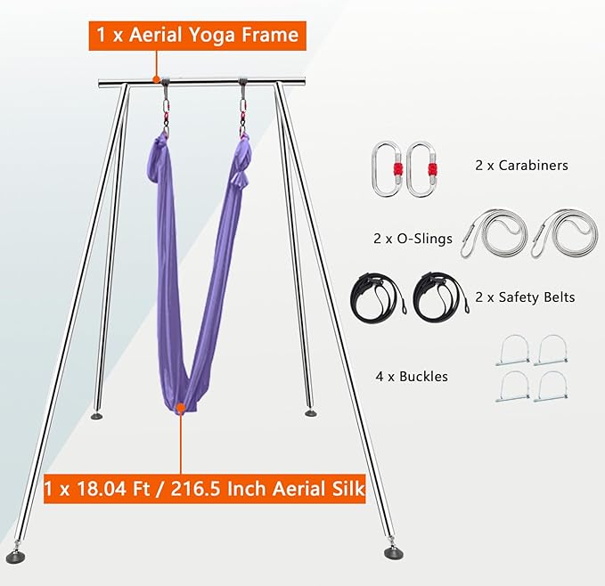 TECSPEC 9.6 FT/115.3 Inch Adjustable Height Aerial Yoga Frame & Hammock, Professional Swing Stand with 18 FT/33FT Aerial Silk, 550lbs Max Capacity