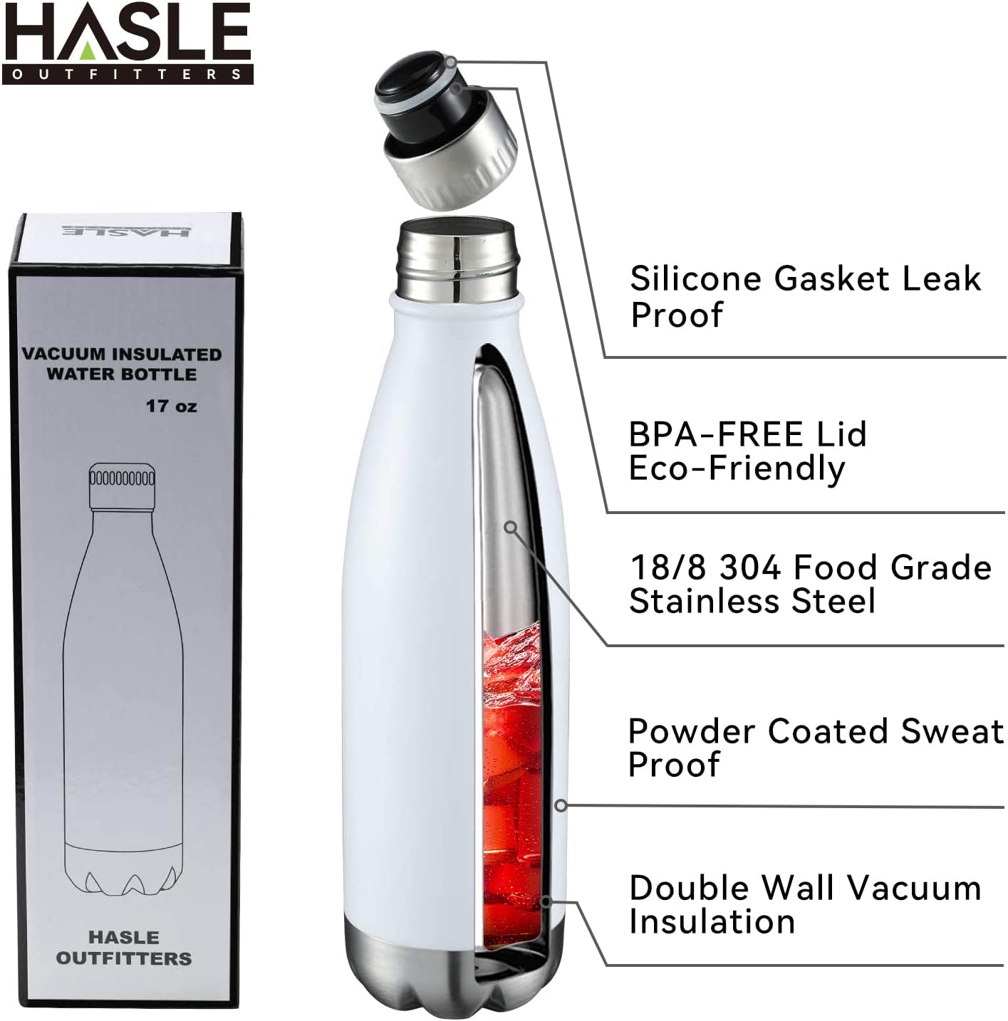 HASLE OUTFITTERS 17oz Stainless Steel Water Bottles Bulk, Vacuum Insulated Water Bottles Double Walled Powder Coated Reusable Metal Sports Water Bottles Keep Drinks Hot and Cold, White, 4Packs