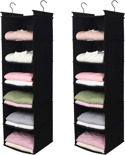 MAX Houser 6 Tier Shelf Hanging Closet Organizer, Closet Hanging Shelf with 2 Sturdy Hooks for Storage, 2 Pack, Foldable (Black)