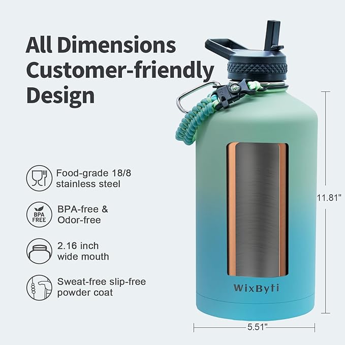 One Gallon Water Bottle Insulated, Triple Wall Vacuum Cold for 48 Hrs & Leak-proof & Non-BPA, 128oz Large Sports Stainless Steel Water Jug with Paracord Handle Straw Spout Lids & DIY Stickers