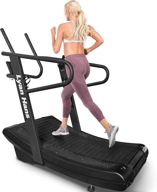 Curved Manual Treadmill, Non-Electric Curve Treadmill with 4 Resistance Levels, Self-Generated Air Runner with LCD, Commercial Motorless Treadmills for Home Gym, 450LBS Capacity, Black