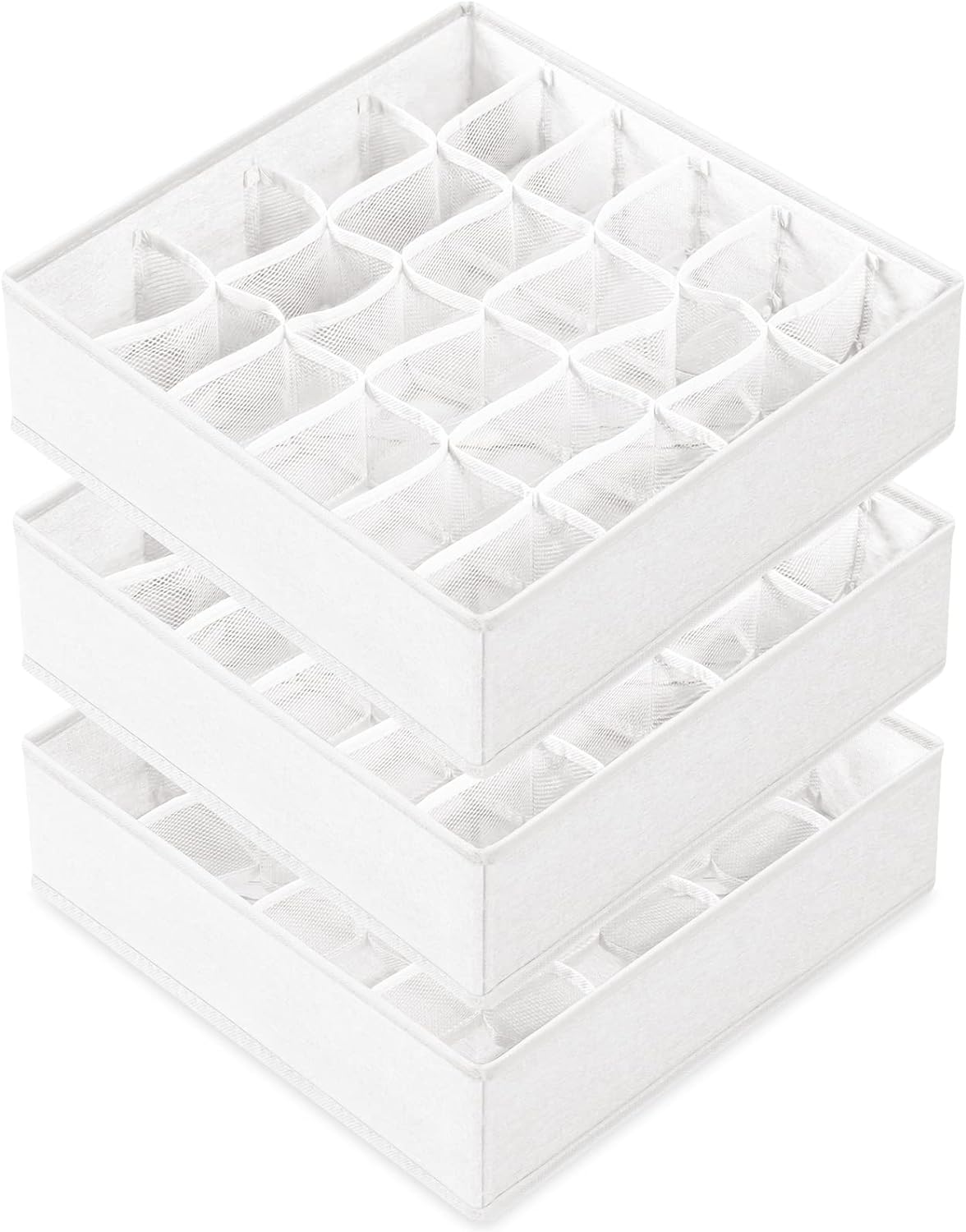 Criusia 3 Pack Sock Underwear Drawer Organizer Dividers, 64 Cell Fabric Foldable Cabinet Closet Organizers and Storage Boxes for Storing Socks, Panties, Ties (16+24+24 Cell, White)