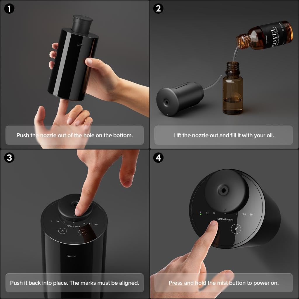 Waterless Diffuser for Essential Oil, Battery Operated Nebulizer, 0.7 Fl.Oz./ 20mL Capacity, Mini Scent Air Machine, 3 Countdown Timers & 3 Mist Levels for Home, Room, Car, Office - AN6 Black 2 Pack