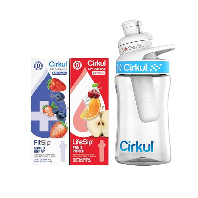 Cirkul 12oz. BPA-Free Plastic Water Bottle Starter Kit for Kids with Blue Lid, 2 Flavor Cartridges (1 LifeSip Fruit Punch, 1 FitSip Mixed Berry), No Sugar, Zero Calorie Drink Mix