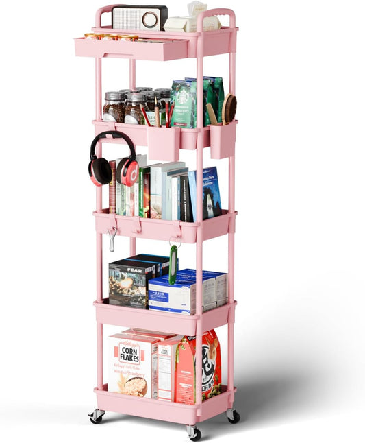 5 Tier Rolling Cart Organizer,Bathroom Cart Organizers with Wheels Laundry Room Organization Mobile Shelving Unit Utility Cart Storage Shelves Multi-Functional for Office, Home(Pink)