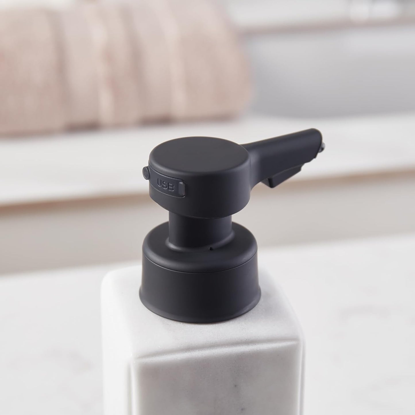DKNY Hands Free Automatic Liquid Soap Dispenser, Refillable, Rechargeable Touchless Sensor Pump, Elegant Faux Marble Finish, 100% Resin, 1 Piece, 8.6" x 3", White