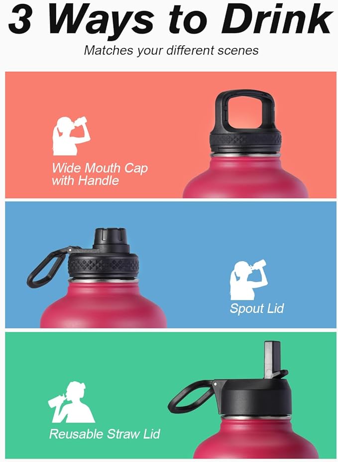 Half Gallon Water Bottle Insulated with Straw & 3 Lids, Coolflask 64 oz Water Jug Large Metal Stainless Steel Wide Mouth for Sports, Gym or Office, Non-BPA Keep Cold 48H Hot 24H, Ombre Wine/Navy