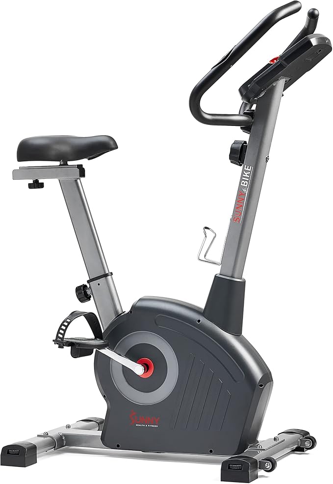 Sunny Health & Fitness Smart Stationary Exercise Upright Bike w/Pulse Sensor & 4-Way Adjustable Seat, Cycling Machine for Home Cardio Training, Free SunnyFit App Connection, Optional Resistance Band