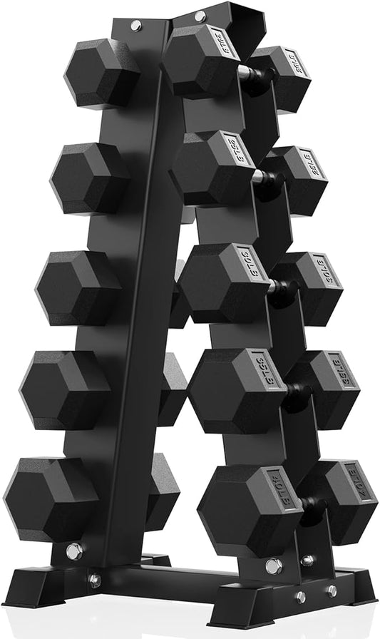 PAPABABE Hex Dumbbell Sets with Rack, 60-550lb Rubber Coated Dumbbell Weight Set and Storage Rack, Multiple Options Hand Weights for Strength Training