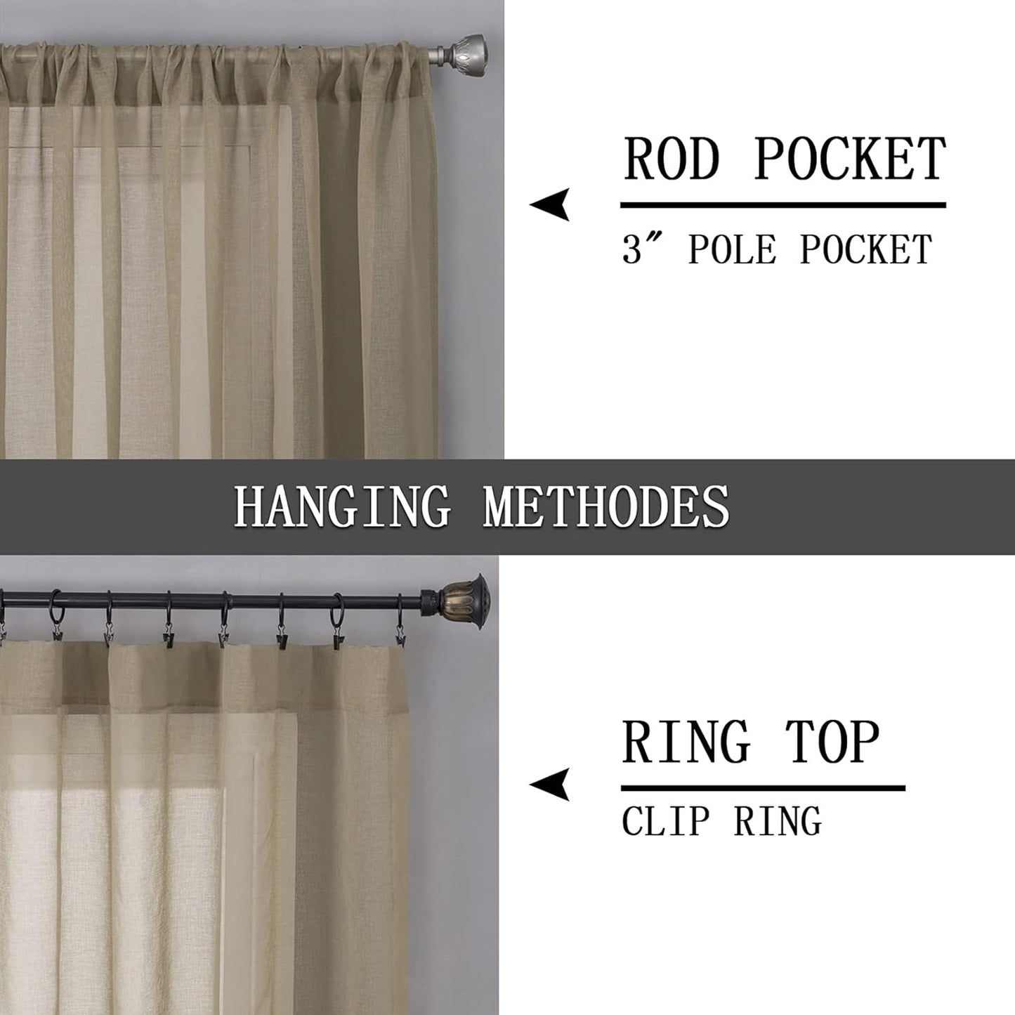 Tollpiz Short Sheer Curtains Living Room Linen Textured Curtain Sheers Light Filtering Voile Rod Pocket Curtains for Bedroom, 38 x 45 inches Long, Taos Taupe, Set of 2 Panels