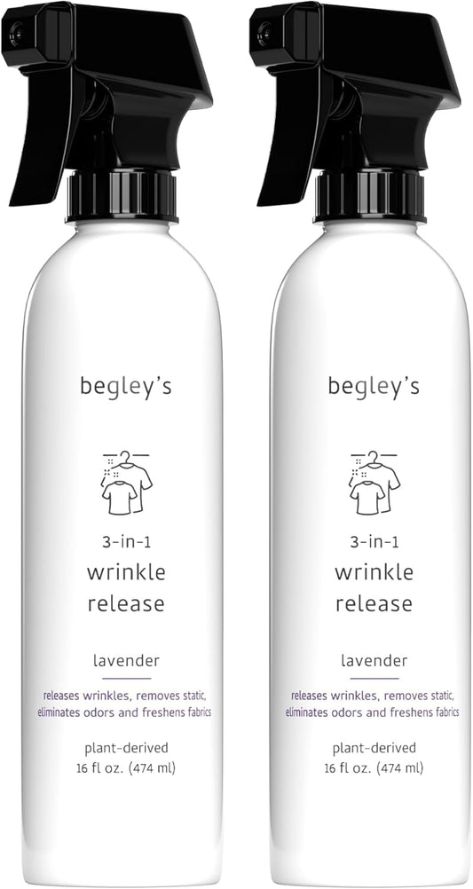 Begley's 3-in-1 Wrinkle Remover, Quick Fix Wrinkle Release, Static Cling Remover, Odor Eliminator and Fabric Refresher Spray - Plant-Derived, USDA Certified Biobased - Lavender, 16 oz, 2 Pack