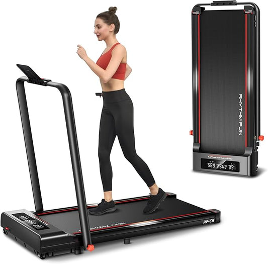 RHYTHM FUN Incline Foldable Treadmill, Walking Pad Treadmill with Incline, 300 lbs Portable Treadmills with Handles for Home Office Use, Under Desk Compact Walking Pad