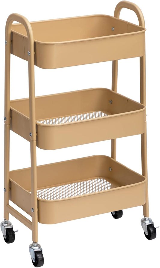 AGTEK Makeup Cart, Movable Rolling Organizer Cart, 3 Tier Metal Utility Cart with Lockable Wheels for Home & Office, Golden