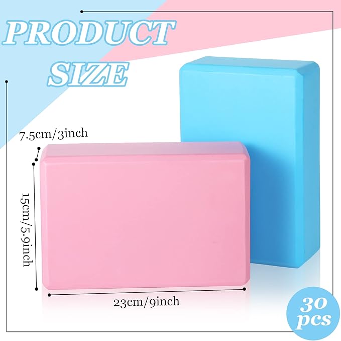 Meooeck 30 Pcs Yoga Blocks Bulk Eva Foam Block Pack, 9 x 6 x 3 Inch Exercise Brick Foam High Density Soft Non Slip Yoga Accessories for Exercise Pilates General Fitness and Workouts, Multicolor