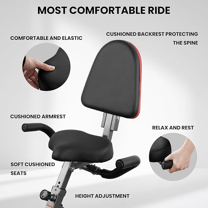 Exercise Bike Stationary Bike Folding Exercise Bike with 10 Level Adjustable Magentic Resistance Support Back Pad and Phone/Tablet Holder Arm Resistance Band Pulse Sensor LCD Monitor for Home Workout 265 LB Capacity