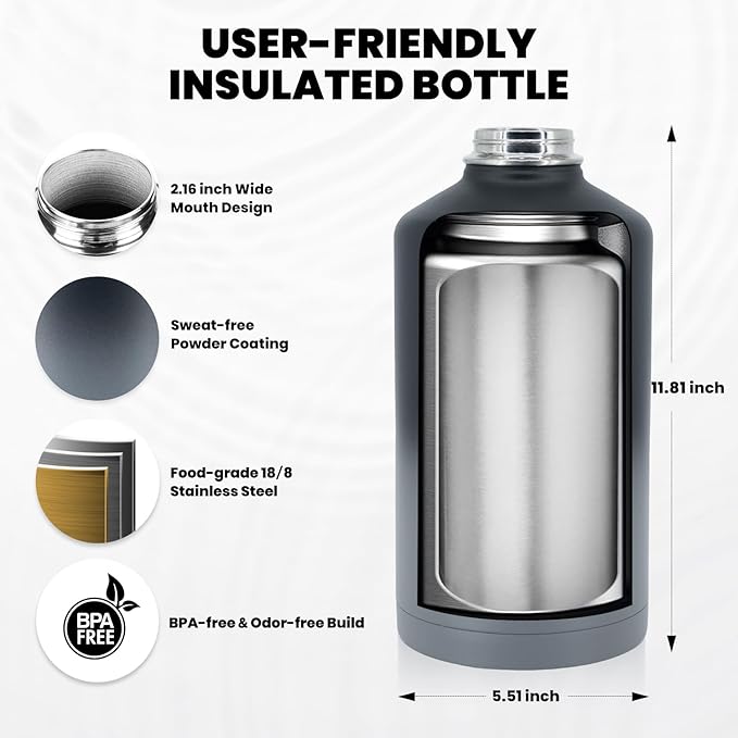 One Gallon Water Bottle Insulated, Triple Walled Vacuum Stainless Steel (Cold for 48 Hrs), Leak Proof & Non-BPA, Large Water Flask Jug with Paracord Handle & Straw Spout Lids