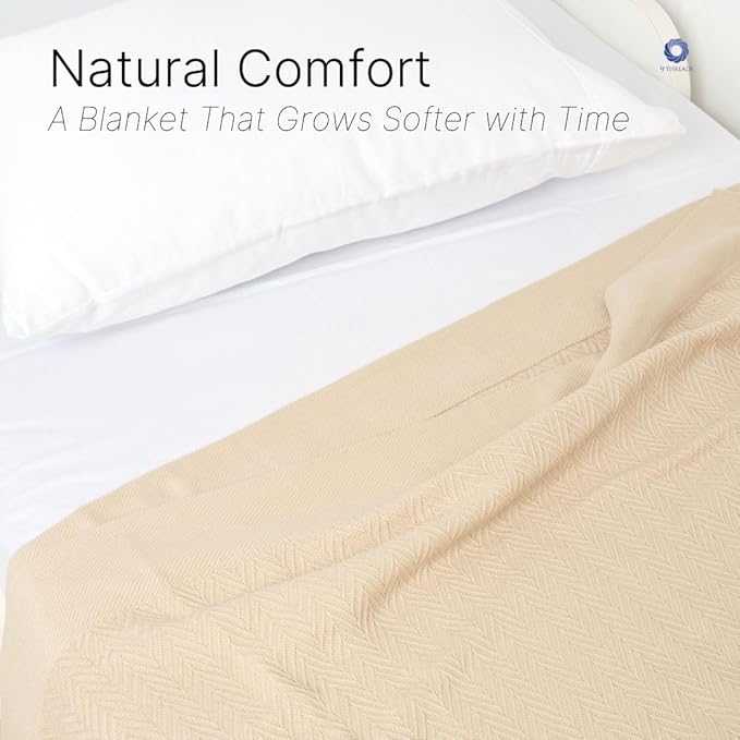 100% Cotton Herringbone Weave Blankets, 66"X90" Twin, Throw Blanket for Bed, All Season Cotton Blanket, Cozy Blanket,Throws & Bed Blanket, Throw Blanket for Couch, Modern Home Decor - Beige