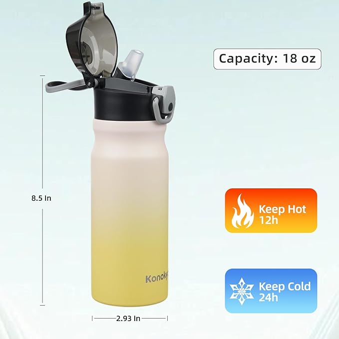 Insulated Water Bottle with Straw and Carry Loop,18 oz Stainless Steel Double Wall Vaccum Metal Water Flask with Leak-proof Lid,Lemon