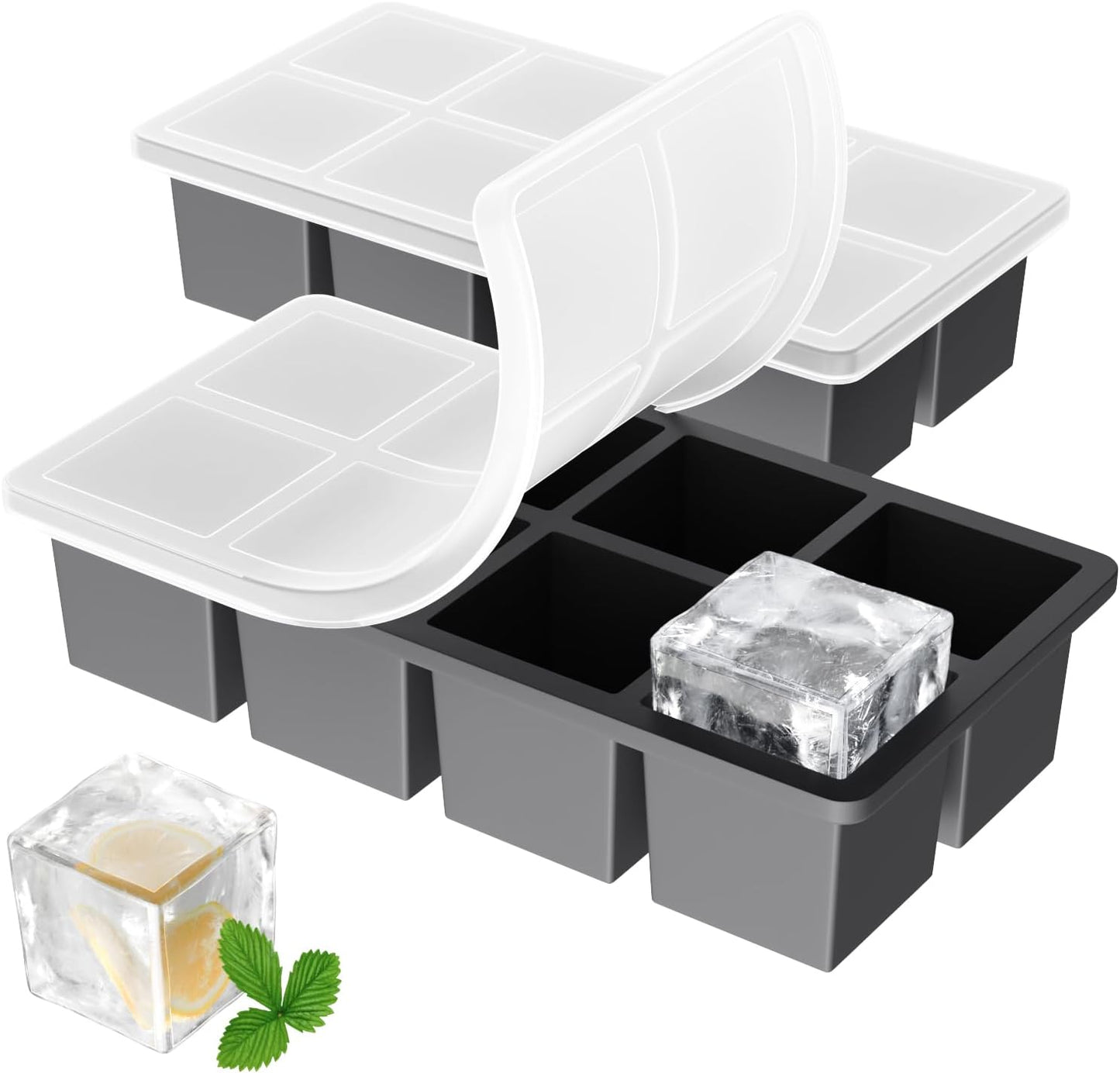 Large Ice Cube Trays for Whiskey: FDDAI Big Silicone Ice Cube Trays - 2Inch Square Ice Cubed Tray for Bourbon Whisky and Cocktail - 2Pack Giant Silicon Ice Cube Tray