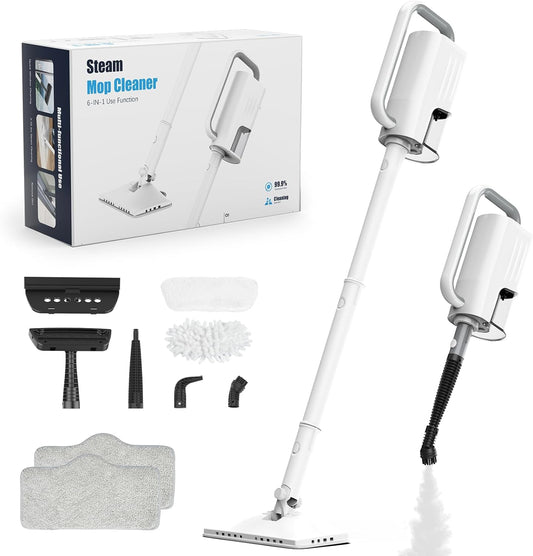 Steam Cleaner, 6 in1 Rotated Steam Mop Cleaner with 2 Modes, 2 Microfiber Pads, 400ML Removable Tank, 23FT Power Cable, Detachable Steam Mops for Floor, Laminate Floor, Tiles Cleaning (White)