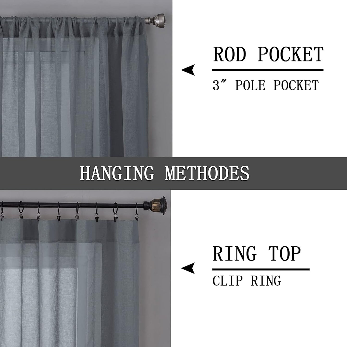 Tollpiz Sheer Curtains Bedroom Linen Textured Curtain Sheers Light Filtering Voile Rod Pocket Curtains for Living Room, 38 x 84 inches Long, Dark Grey, Set of 2 Panels