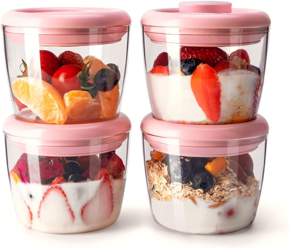 Ankou 400ml Meal Prep Container Set of 4 Pink Tritan Plastic Food Storage Containers with Lids, Airtight Leakproof Pop Top Lid Bowl for Breakfast Leftovers