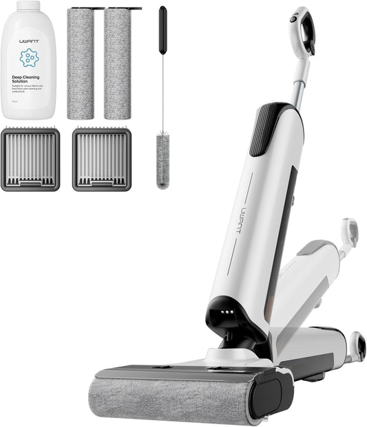 uwant D100 Wet Dry Vacuum Cleaner 180°Lay-Flat Vacuum Mop All in One with 18000Pa Suction Auto Self-Cleaning Anti Odor Stick Pushin Mop Dual-Edge Cleaning Electeic Mop Set for Hard Floor/Carpet,Milky