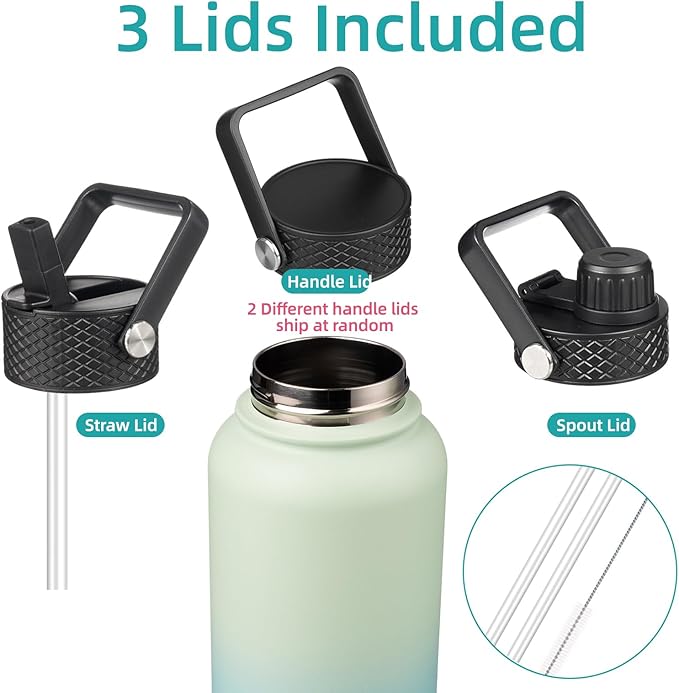 32 oz Insulated Water Bottle Stainless Steel Sport Bottles with 3 Lids,Mint