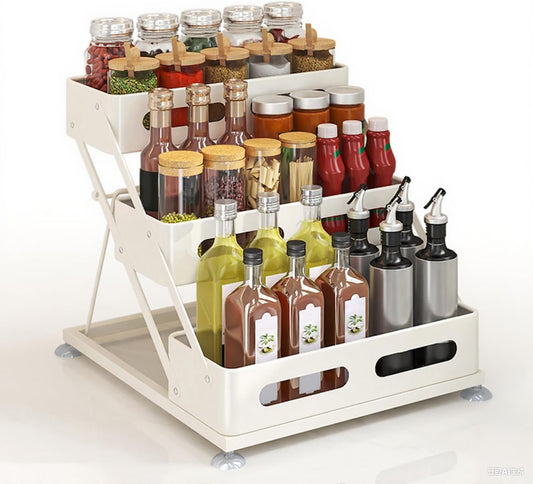Bokelai Spice Rack 3 Tier Foldable Seasoning Organizer Jars Storage Holder Step Shelf for Cabinet Kitchen Countertop Pantry Coffee Bar White