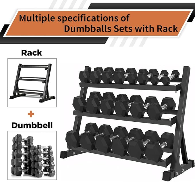 Ritafer 6-10 Pair Hex Rubber Dumbbell Set 350/450 and 550 lbsï¼?-50 lbs ）Hand Free Weight for Strength Coated Encased Iron Weights with Dumbbells Storage Rack Home Gym