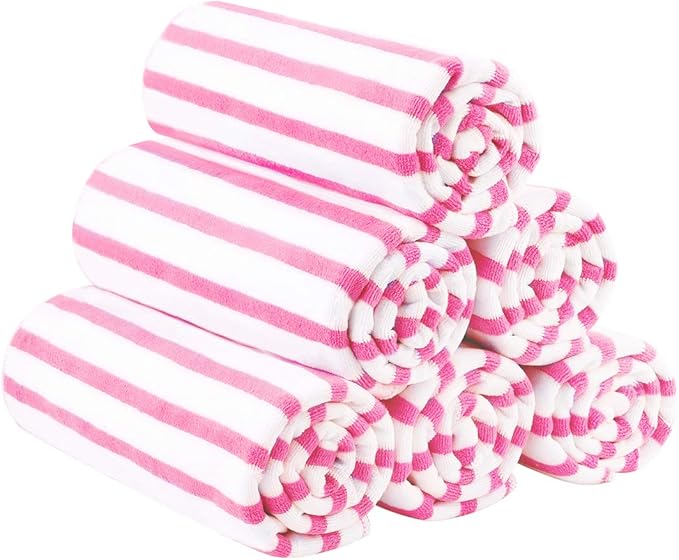JML Microfiber Beach Towels, Quick Dry Bath Towel Set 6 Pack, 27" x 55" - Cabana Stripe -No Fading, No Linting Microfiber Towels for Hair Wrap, Pool, Bath, Sport, Yoga, Camping, Swimming, Pink
