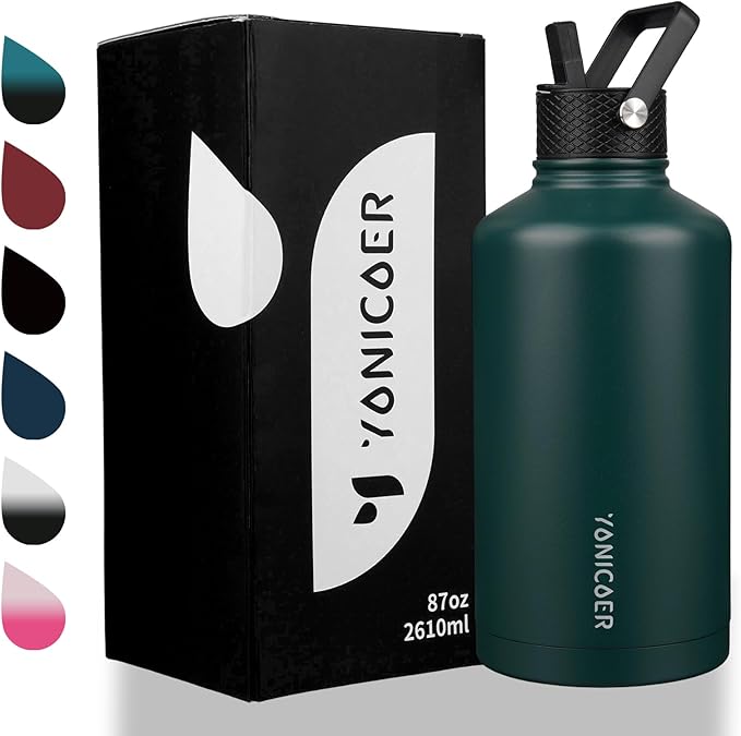 Insulated Water Bottle 64oz,Triple Wall Vacuum Stainless Steel(Dishwasher Safe),Leak Proof & Non-BPA,Flask Jug with Paracord Handle & Straw Spout Lids Sports