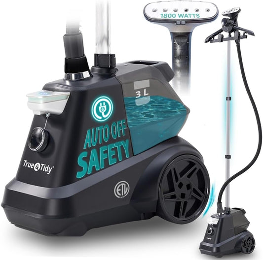 True & Tidy® Heavy-Duty Industrial Standing Garment Steamer for Clothes, 1800 watts, Extra Large 3L water tank 90+ mins of Steam Time (Matte Black, Smart Auto-Off Commercial Garment Steamer)