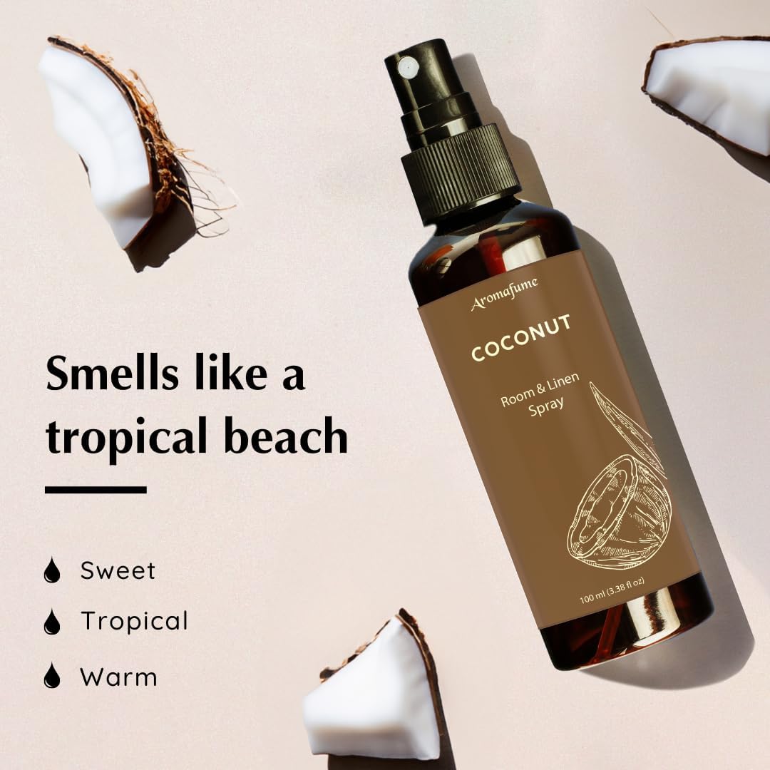 Coconut Room, Linen & Pillow Spray by Aromafume | 100ml/3.38 fl oz | with Pure Coconut Essential Oil | Aromatherapy Spray for Relaxation, Sleep & Stress Relief | Mist for Bedding, Fabrics