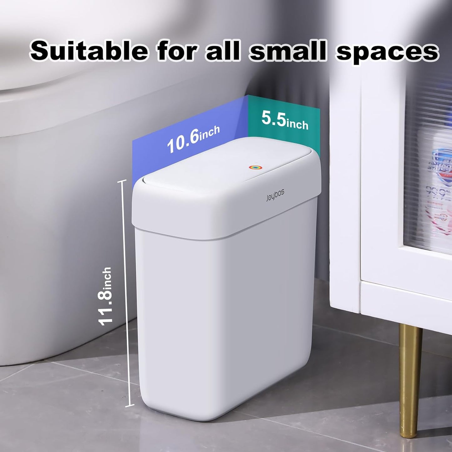 JOYBOS Bathroom Trash Can with Lid,3 Gallon Small Garbage Can with Press Top Lid,10L Dogproof Slim Plastic Narrow Trash Bin for Toilet, Office, Bedroom, Living Room, Grey