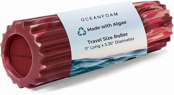 Oceanfoam Ripple Travel Foam Roller (11" x 3.35") Firm Mini Foam Roller for Physical Therapy, Deep Tissue Massage, Back Pain - High Density, Wave Textured - Yoga (Maroon, Blush & Hot Pink Marbled)