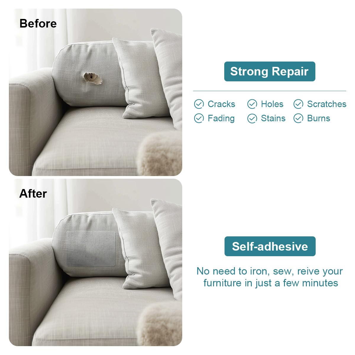 J.CARP 2Pcs Linen Repair Patches, Large Self-Adhesive Fabric Patch for Sofas, Couch, Furniture, Car Seats (8 * 11 inches-2PCS Khaki)