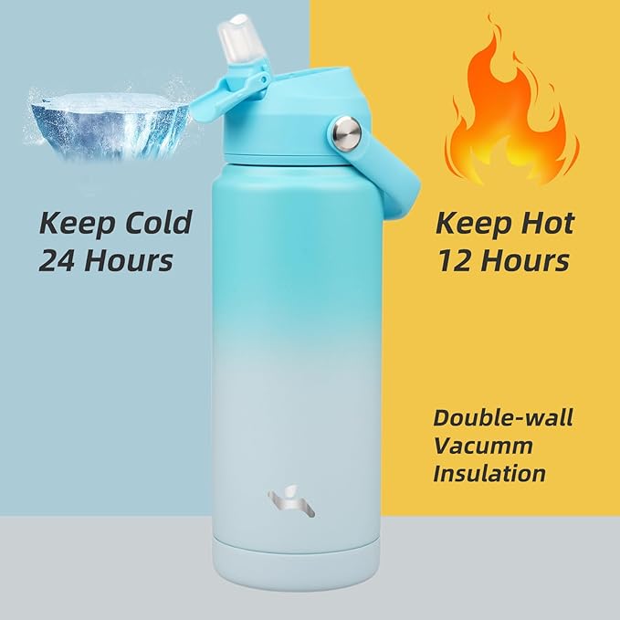 Insulated Water Bottle with Straw Lid,24 oz Stainless Steel Vacuum Metal Bottle with Silicone Handle,Sea Salt