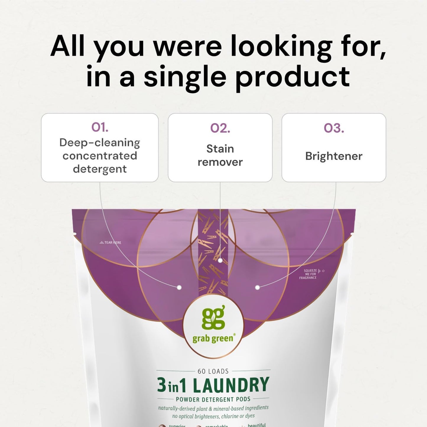 Grab Green 3-in-1 Laundry Detergent Pods, 24 Count, Vetiver Scent, Plant and Mineral Based, Superior Cleaning Power, Stain Remover, Brightens Clothes