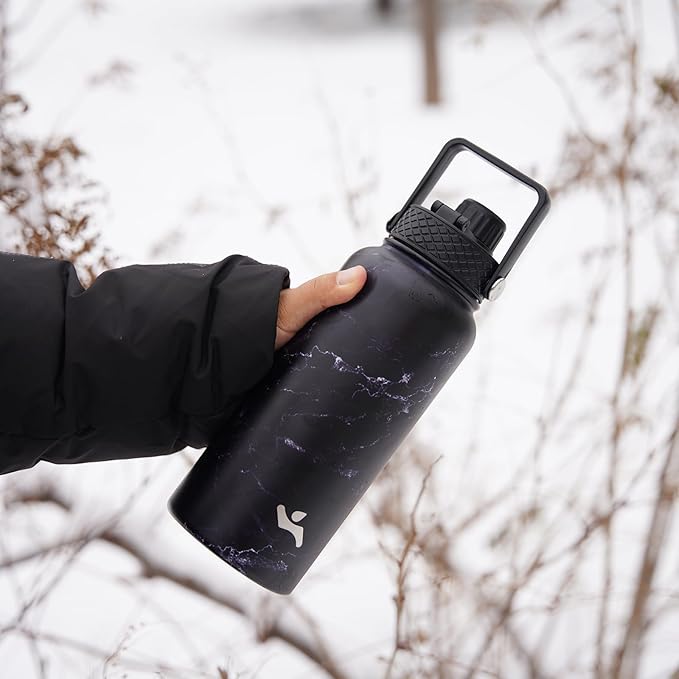 40oz Insulated Water Bottle Stainless Steel Sport Bottles with 3 Lids,Marble Midnight