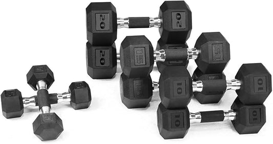WF Athletic Supply Rubber Encased Hex Dumbbells with Rubber Grip Contoured Handle for Muscle Toning, Strength Building & Full Body Workout