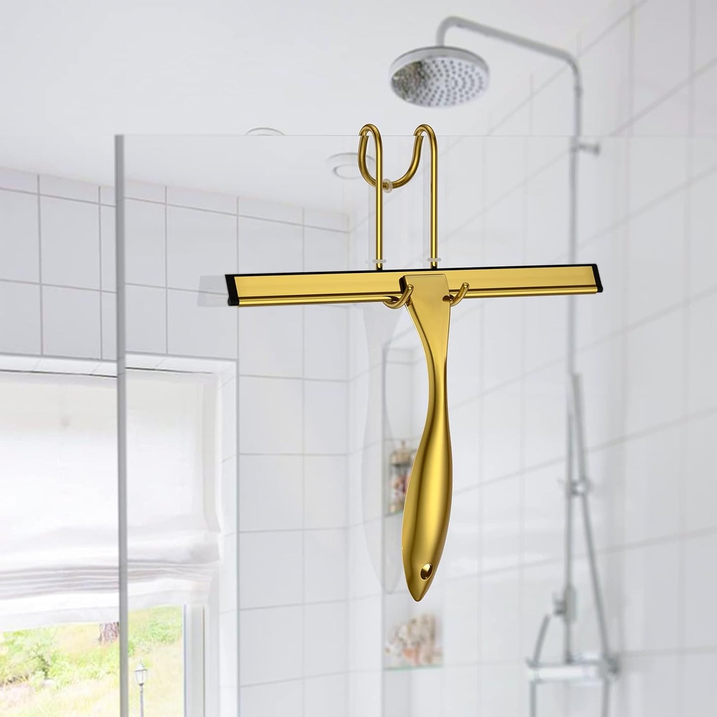 Shower Squeegee and Window Squeegee, Stainless Steel, 100% Streak-Free, Cleaner for Bathroom Showers Glass Doors, Home Mirrors, Car Windows Wiper, Adhesive Holder, Shower Door Hook, 10 Inch, Gold