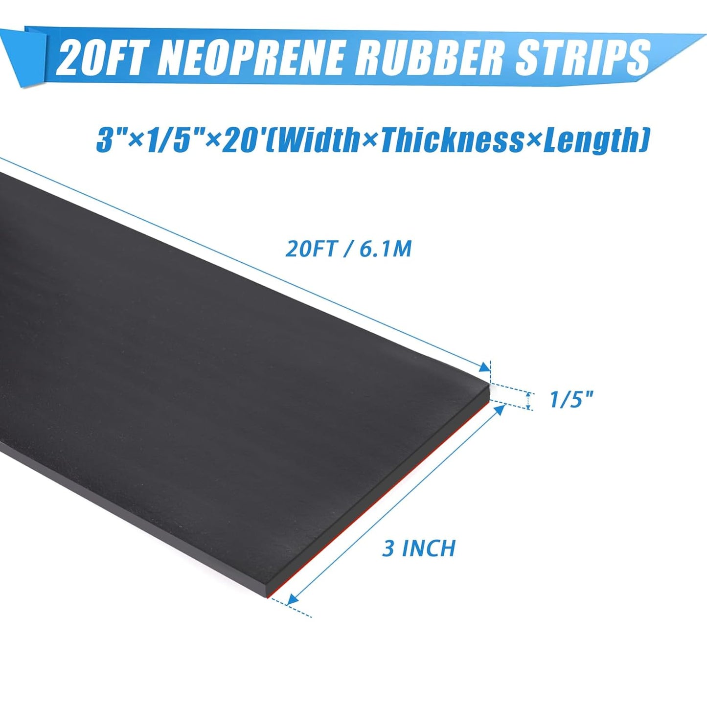 Neoprene Rubber Strips Self Adhesive Sheets, Rolls & Strips with Adhesive Backing Rubber Pads Self Stick Seal Gasket Sticky Back for Matting Padding - 3" Wide x 1/5" Thick x 20' Long