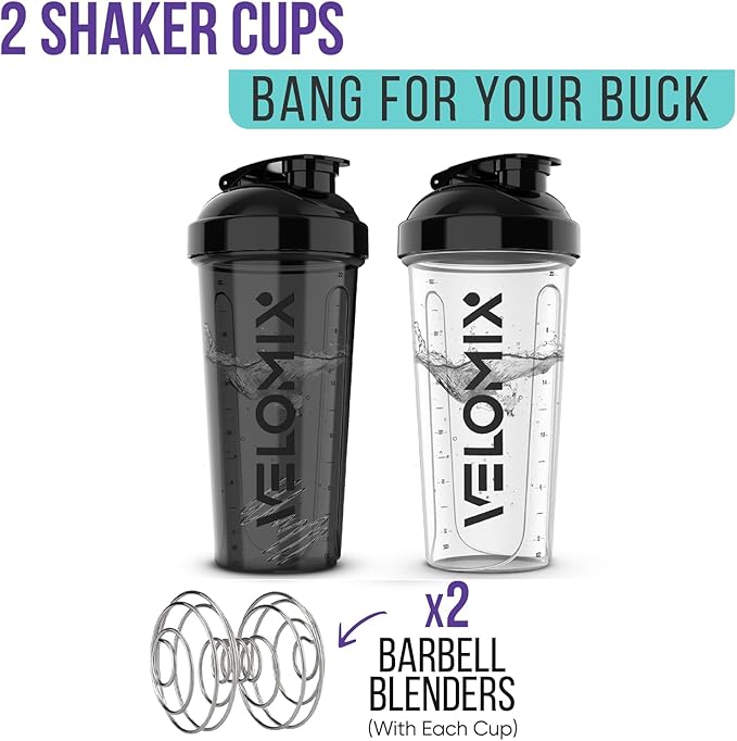 '-2 Pack- 28 oz Protein Shaker Bottles for Protein Mixes - 2x Wire Whisk | Leak Proof Shaker Cups for Protein Shakes | Protein Shaker Bottle Pack (Black/Transparent)